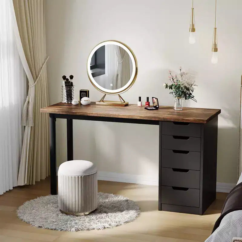 Desk tal-kompjuter ta’ 47 Pulzier b’5 kxaxen għall-ħażna, mejda moderna rustika riversibbli għall-istudju u l-kitba, workstation għall-uffiċċju tad-dar għal spazji żgħar