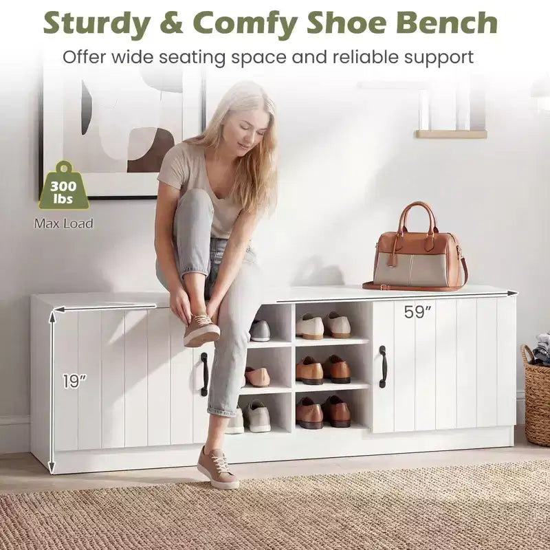 2-Door Shoe Bench wirh Adjustable Shelves Hidden Storage Space Natural + White/Whi5te