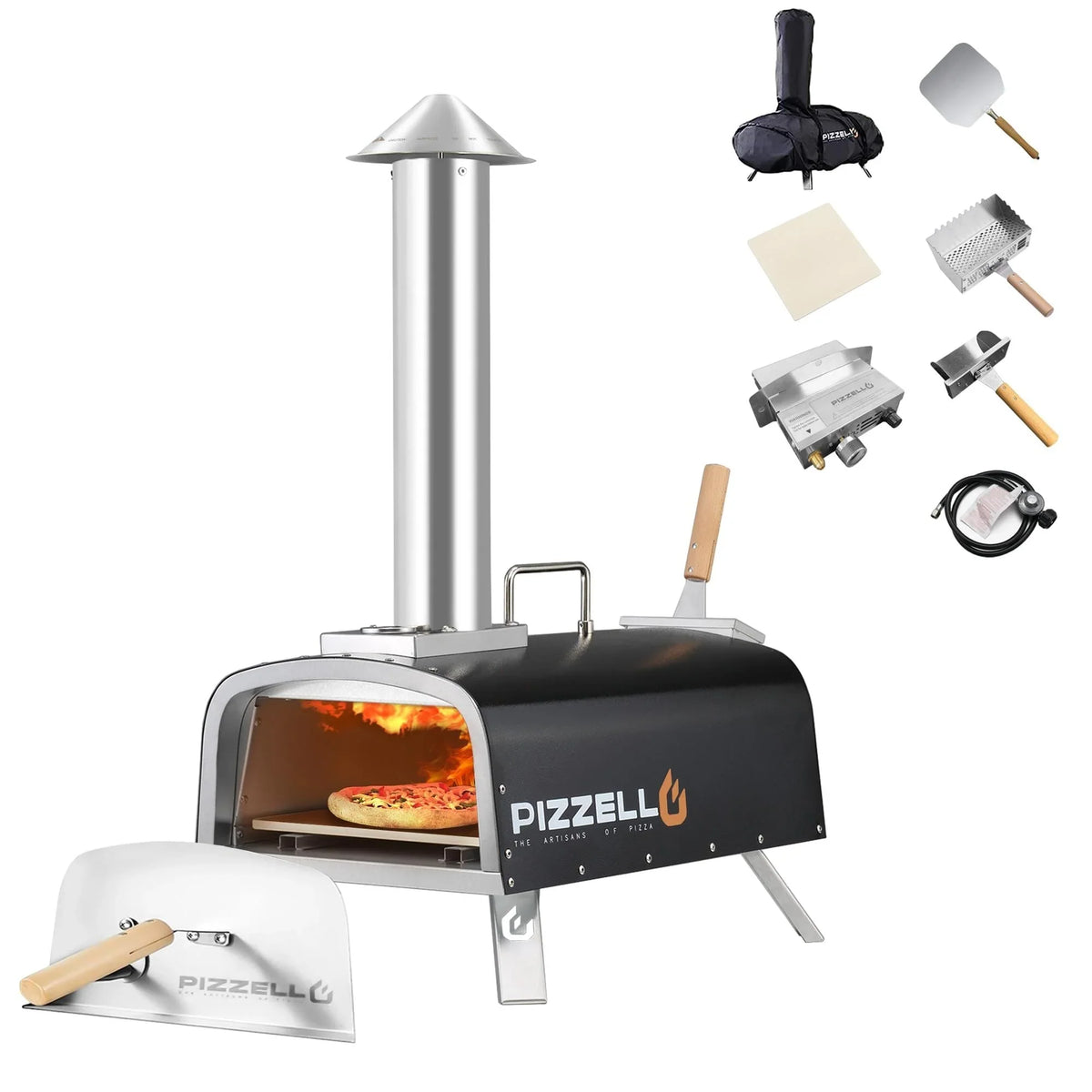 Forn tal-pizza ta’ barra b’diversi fjuwils, apparat għall-pizza moħmija fuq il-ġebel b’berner tal-gass u kaxxa għall-injam - 12-il pulzier