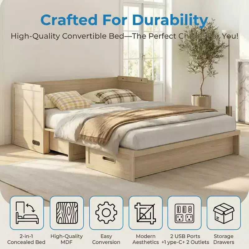 Letto armadio trasformabile Murphy Queen Size Mjkone con materasso, ricarica USB e cassetti contenitori