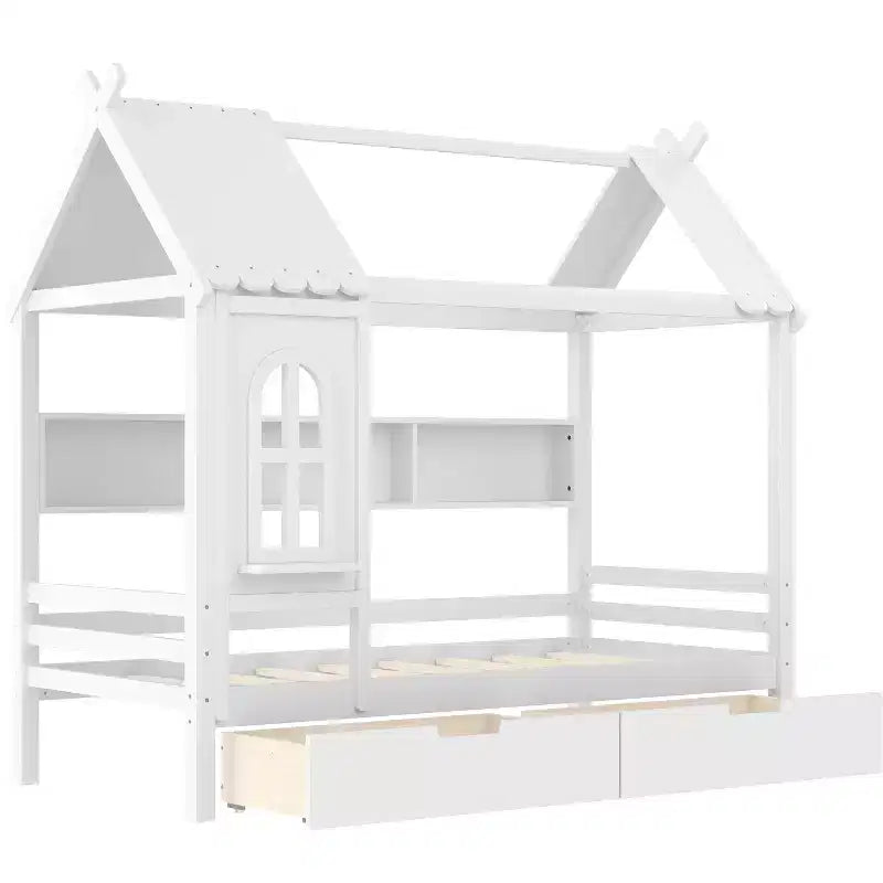Letto a piattaforma a forma di casetta con cassetti contenitore e finestra, struttura in legno massello con ripiani, design giocoso per bambini, bianco chiaro