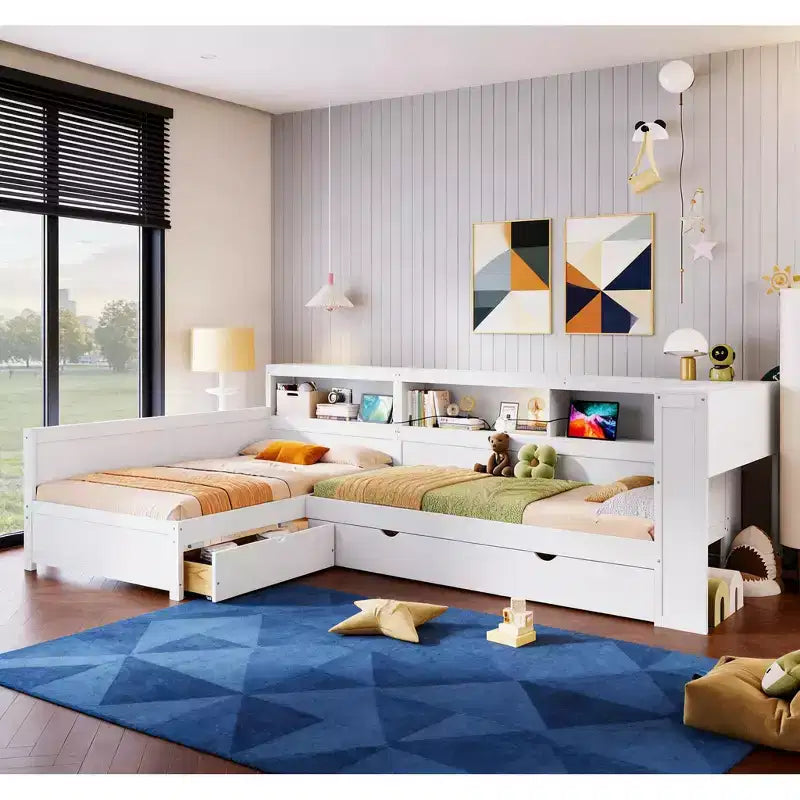 L-förmiges Plattformbett in Twin-Größe mit Ausziehbett und Ladestation, Holzbettrahmen mit Bücherregal
