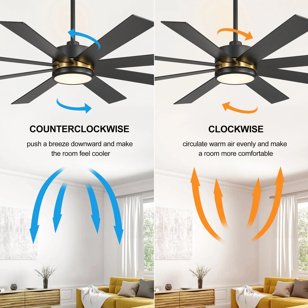 Ventilatore da soffitto nero da 65 pollici con 8 pale, LED, luce e telecomando