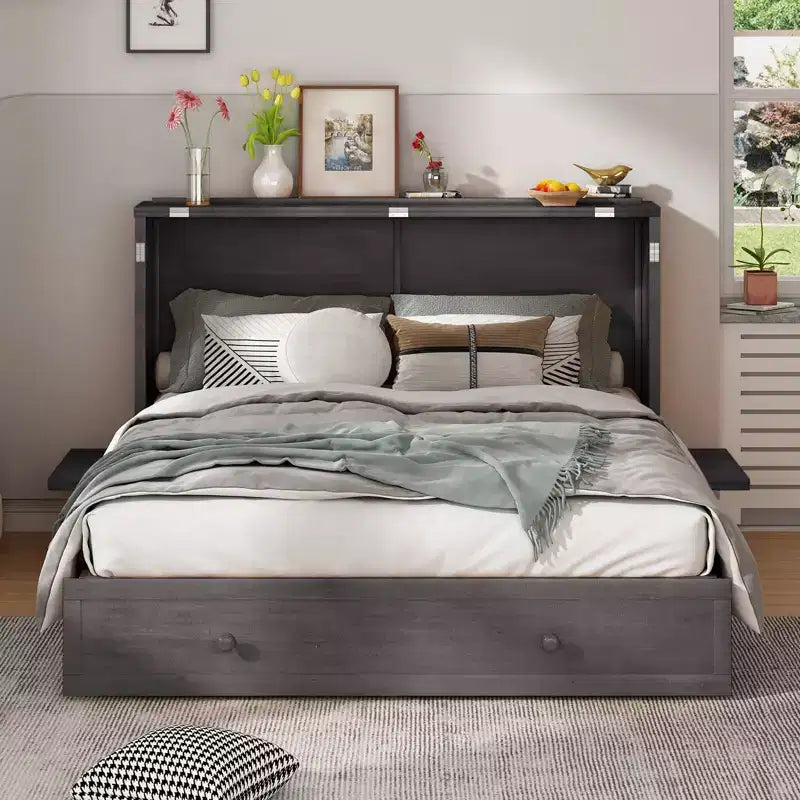 Letto a scomparsa queen Mjkone, letto a cubo con armadio contenitore, stazione di ricarica e spazio portaoggetti