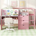 Letto a soppalco basso rosa/bianco con scrivania, contenitore e lavagna - Singolo, 1 posto