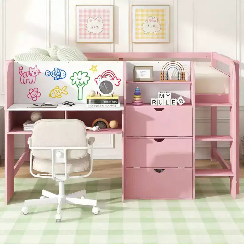 Letto a soppalco basso rosa/bianco con scrivania, contenitore e lavagna - Singolo, 1 posto
