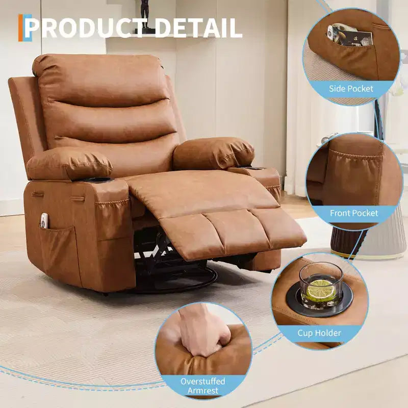 Siġġu recliner kbir li jdur 360 u jitbandal, bil-massaġġi u s-sħana - siġġu ergonomiku għar-rilassament b'holders għat-tazzi u bwiet tal-ġenb għall-kamra tal-għixien u l-mixtla