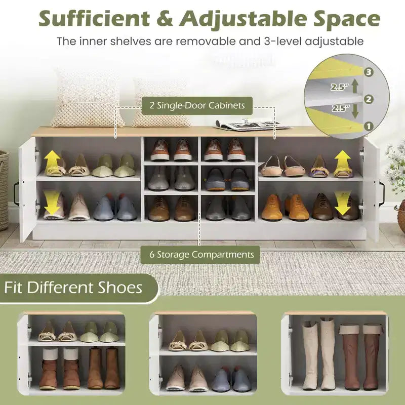 2-Door Shoe Bench wirh Adjustable Shelves Hidden Storage Space Natural + White/Whi5te