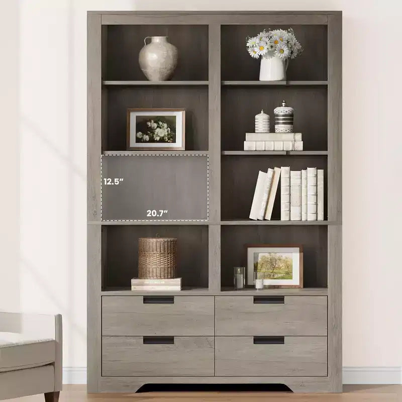 Boekenkast van 72 inch hoog met 4 laden, vrijstaande boekenkast in boerderijstijl voor slaapkamer, woonkamer en thuiskantoor