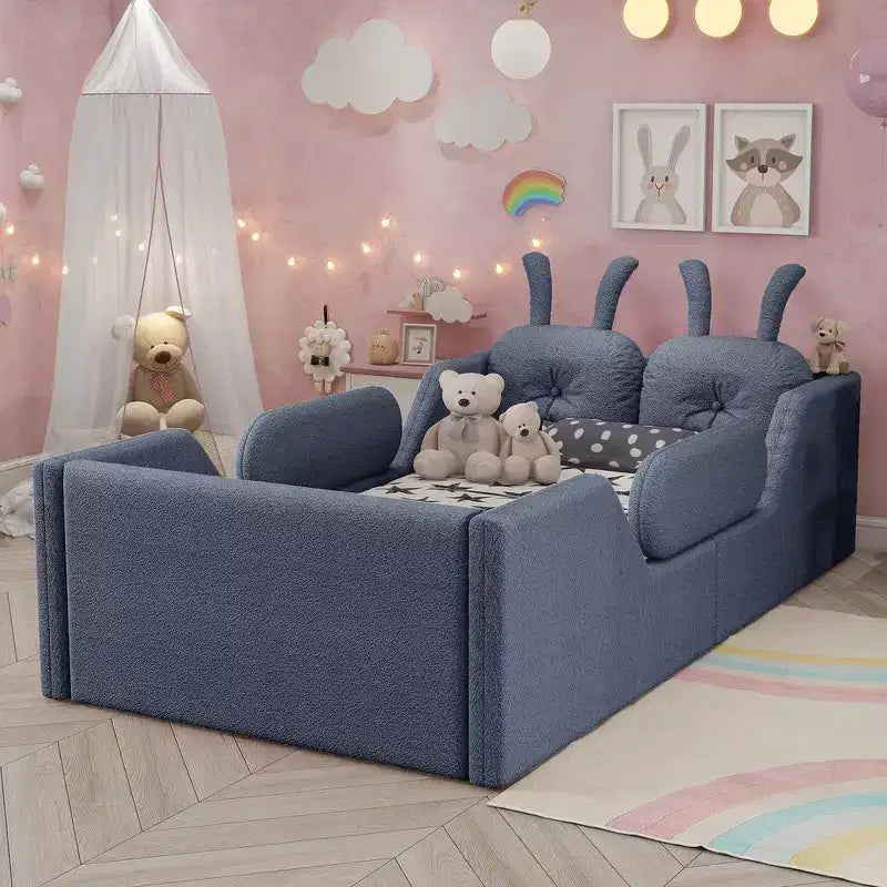 Whisen Twin Platform Bed, Kids Floor Upholstered Bed Frame with Rabbit Cushion, Removable Side Rails