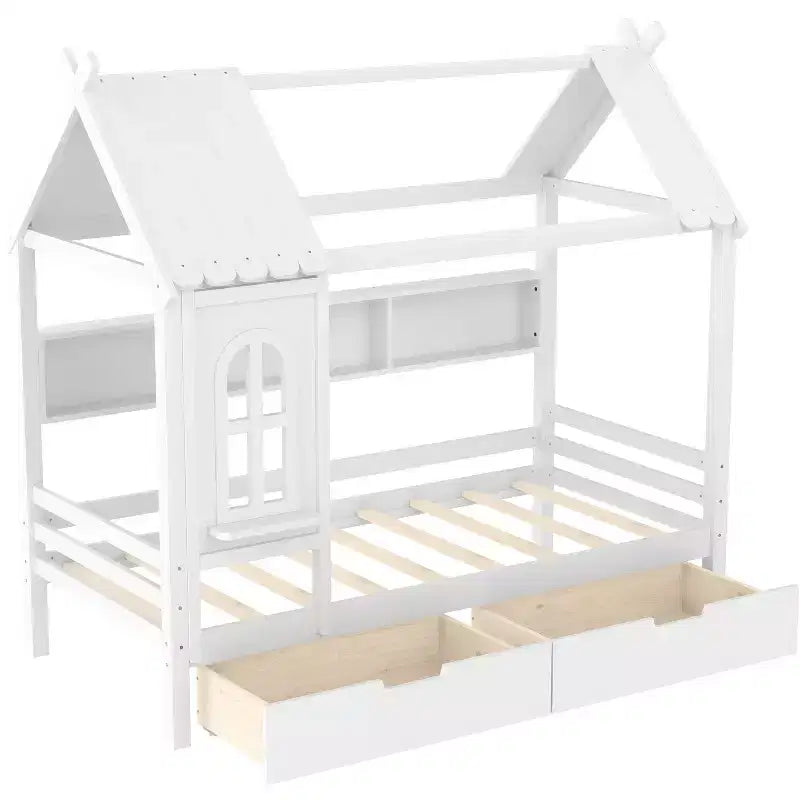 Letto a piattaforma a forma di casetta con cassetti contenitore e finestra, struttura in legno massello con ripiani, design giocoso per bambini, bianco chiaro