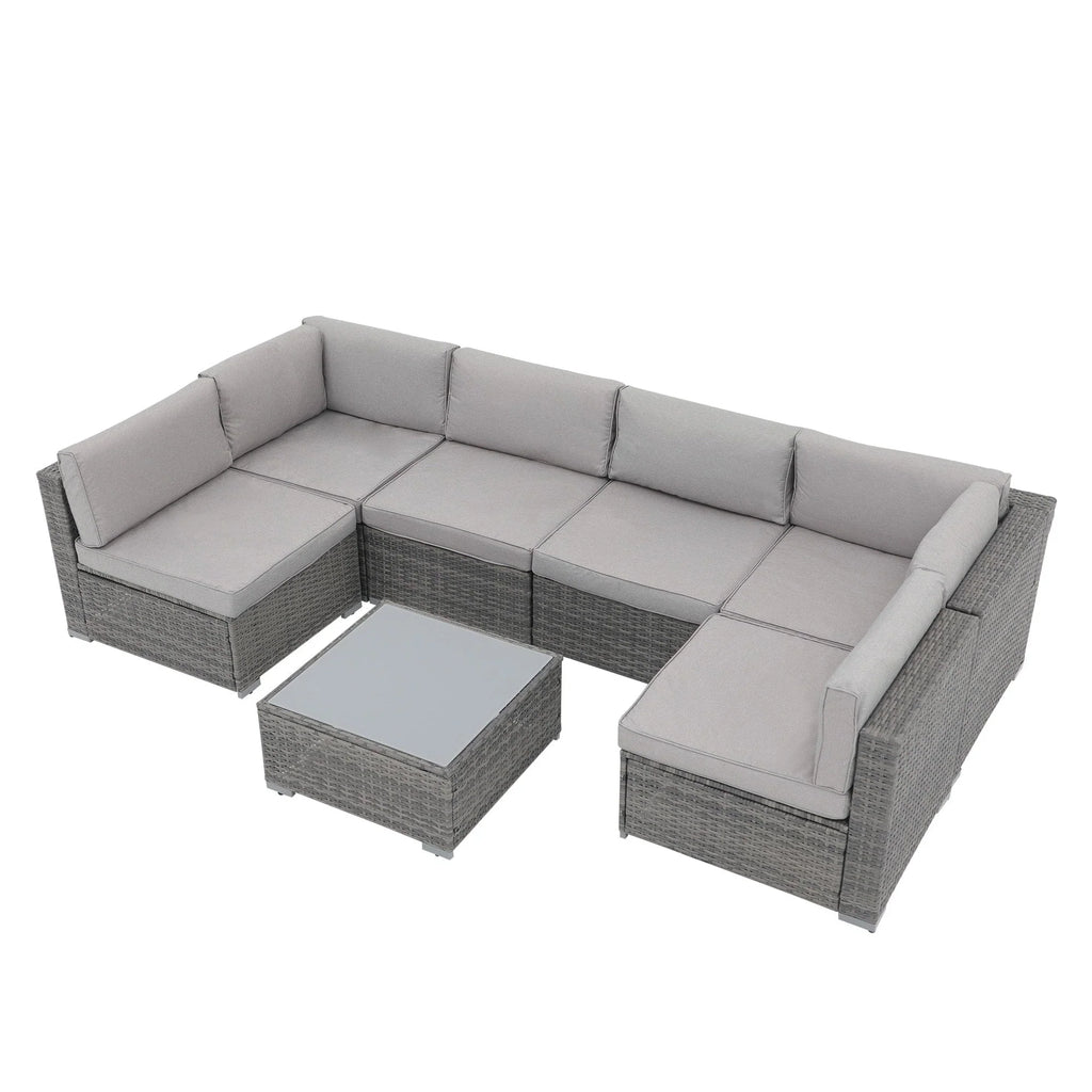 7-teiliges Outdoor-Sitzgruppen-Set aus Korbgeflecht und Stahl mit Polsterung