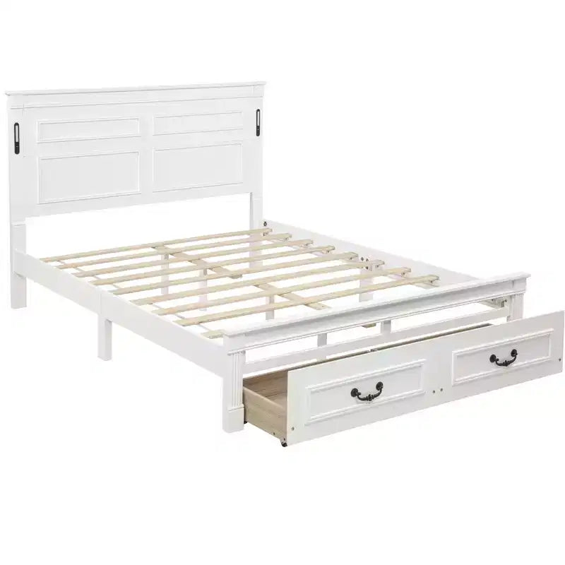 ModernLuxe Queen/King Size Platform Bed with Tall Headboard, Rustic Wood Bed Frame with 2 Drawers, LED Lights & USB Ports