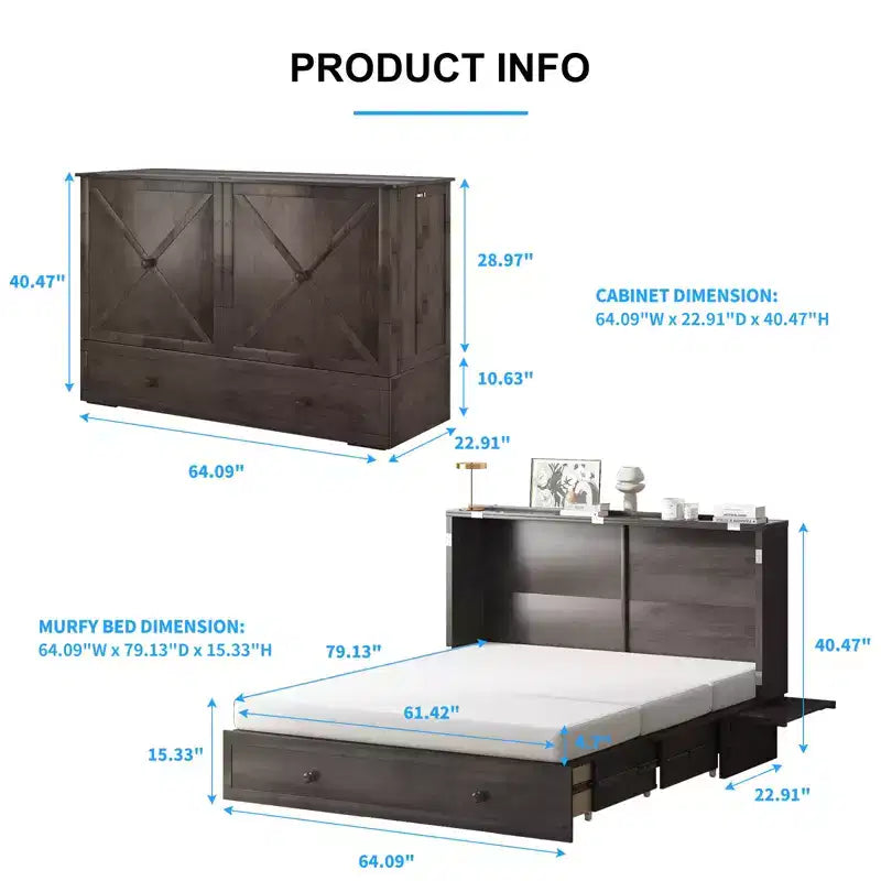 Letto a scomparsa queen Mjkone, letto a cubo con armadio contenitore, stazione di ricarica e spazio portaoggetti