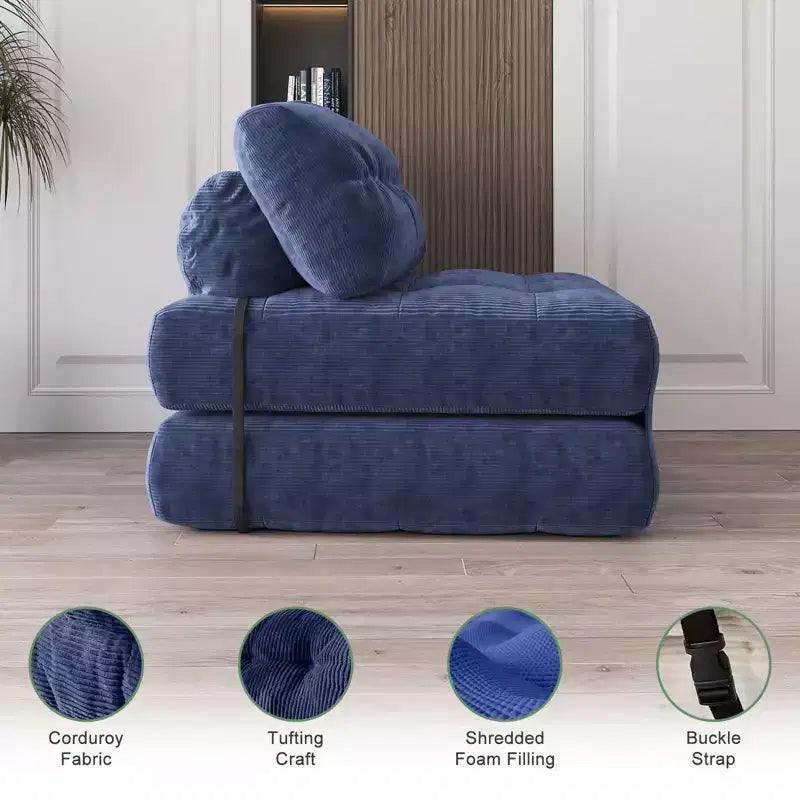 Zusammenklappbares Cord-Schlafsofa als Futon in Full-Größe, umwandelbarer Bodenschlafsessel mit Kissen und Rückenstütze
