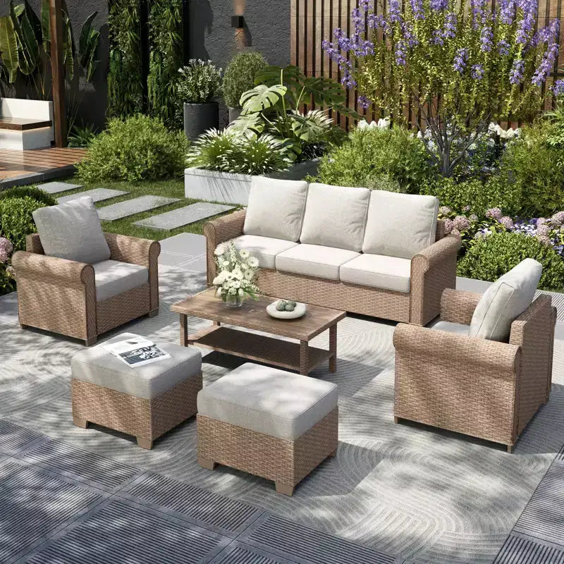 Captiva Designs 6-teiliges luxuriöses Polyrattan-Sitzmöbel-Set für die Terrasse mit Sofa, geschwungenen Armlehnen und Sitzkissen