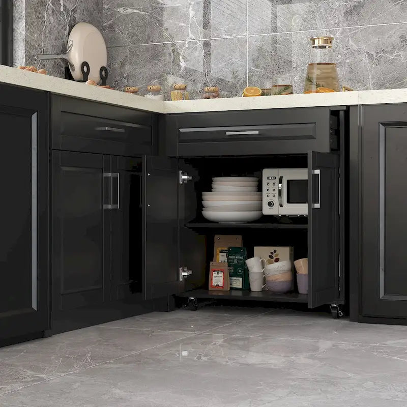 Mobile angolare da cucina efficiente, isola da cucina a L: ampio spazio contenitore con cassetti scorrevoli fluidi, piano di lavoro con protezione UV