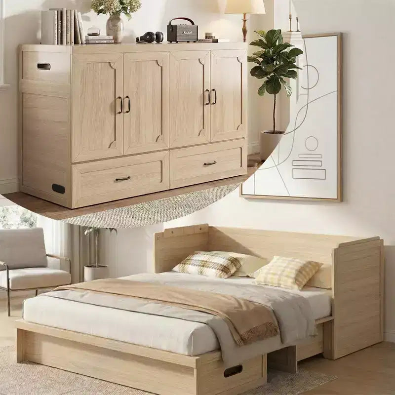 Letto armadio trasformabile Murphy Queen Size Mjkone con materasso, ricarica USB e cassetti contenitori
