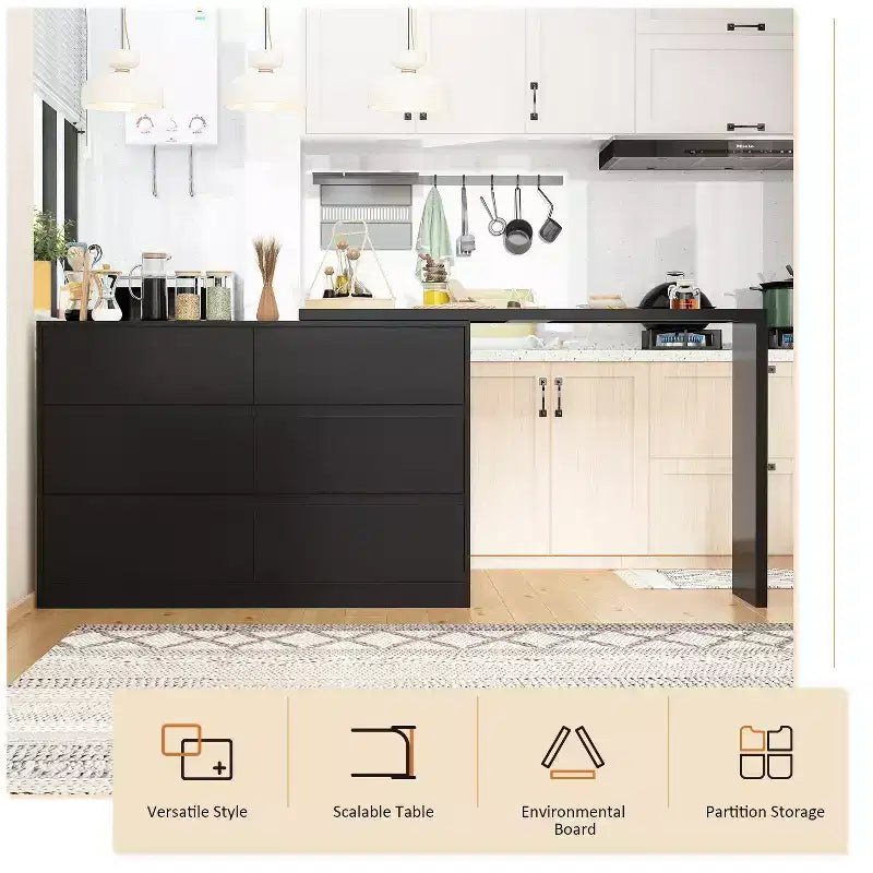 Credenza buffet girevole/estensibile intelligente con 6 cassetti, piano di lavoro estensibile, tappetino antiscivolo, tavolo da pranzo girevole, dispensa a isola da cucina