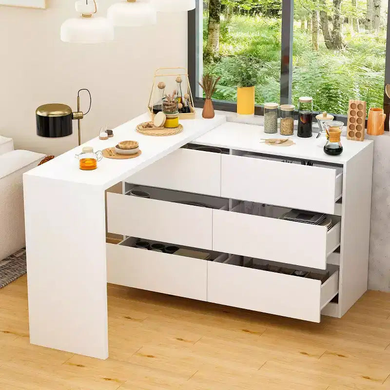 Credenza buffet girevole/estensibile intelligente con 6 cassetti, piano di lavoro estensibile, tappetino antiscivolo, tavolo da pranzo girevole, dispensa a isola da cucina