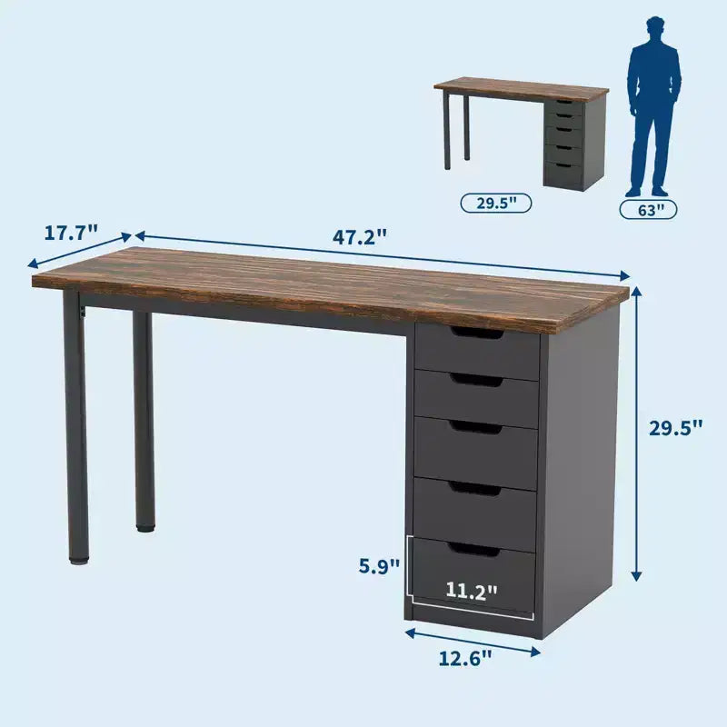Desk tal-kompjuter ta’ 47 Pulzier b’5 kxaxen għall-ħażna, mejda moderna rustika riversibbli għall-istudju u l-kitba, workstation għall-uffiċċju tad-dar għal spazji żgħar