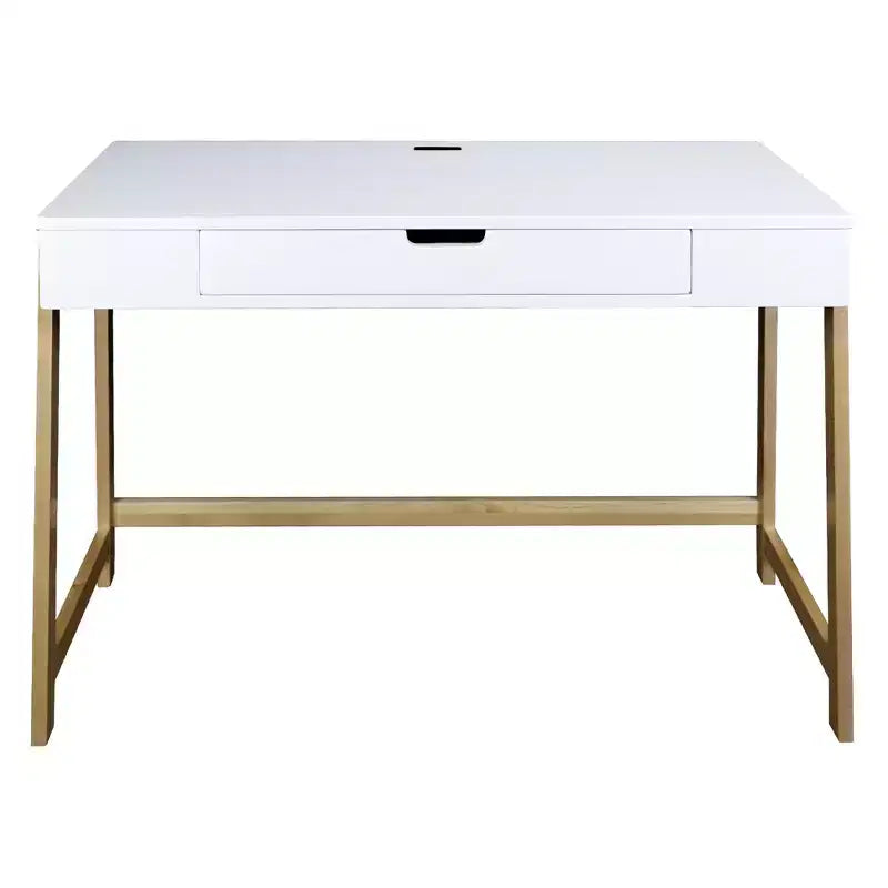 Scrivania in Legno Bianco e Naturale con 4 Porte USB, Utente Singolo