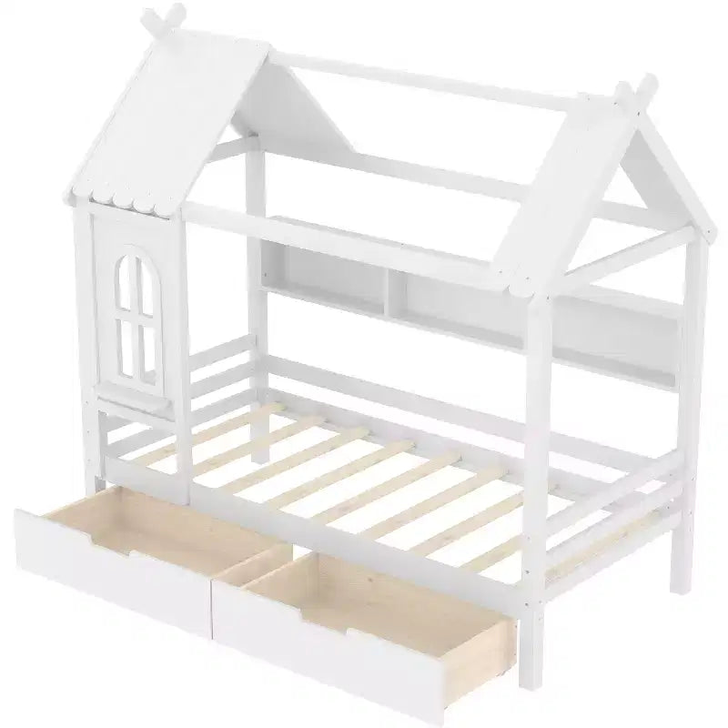 Letto a piattaforma a forma di casetta con cassetti contenitore e finestra, struttura in legno massello con ripiani, design giocoso per bambini, bianco chiaro