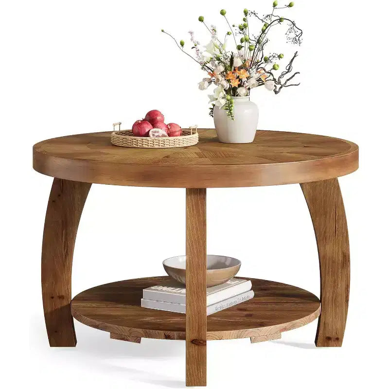 Lantine ronde salontafel van massief hout, 2-laags bijzettafel met opbergruimte, tafelblad van 31,5 inch met mozaïekpatroon, eenvoudige montage, voor de woonkamer, bruin