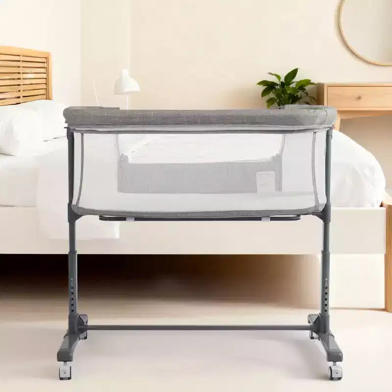 Culla con ruote – Beige / Grigio / Rosa, lettino da fianco, per 1 bambino
