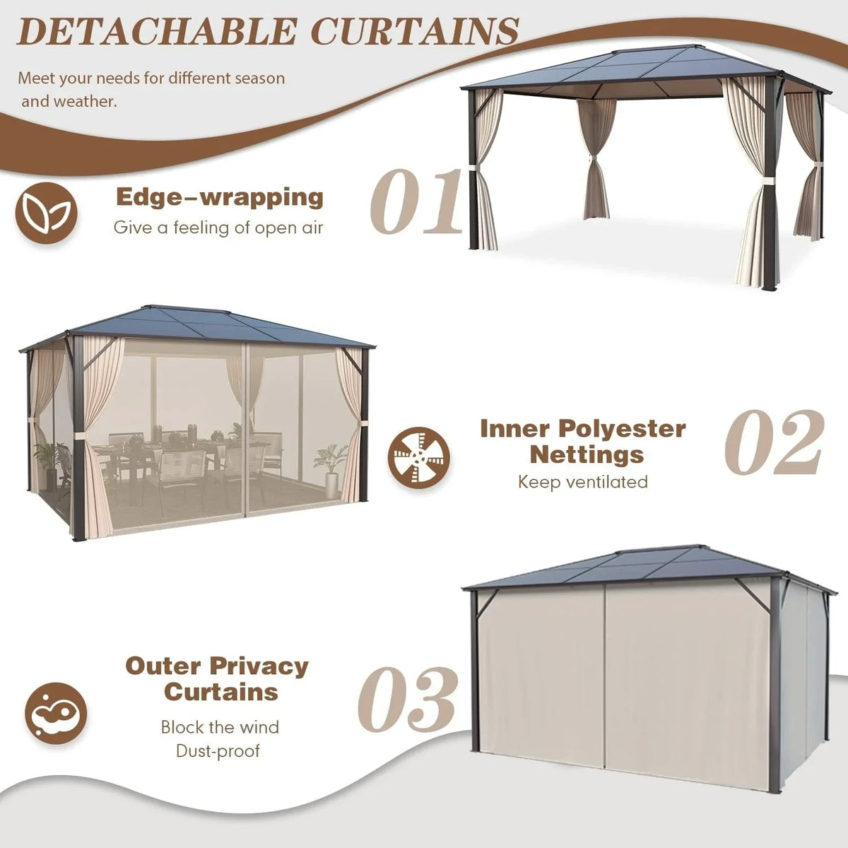 EROMMY Gazebo a tetto rigido, Pergola da esterno con doppio tetto, zanzariere e tende, Tenda da sole resistente per patio, cortile, feste in piscina