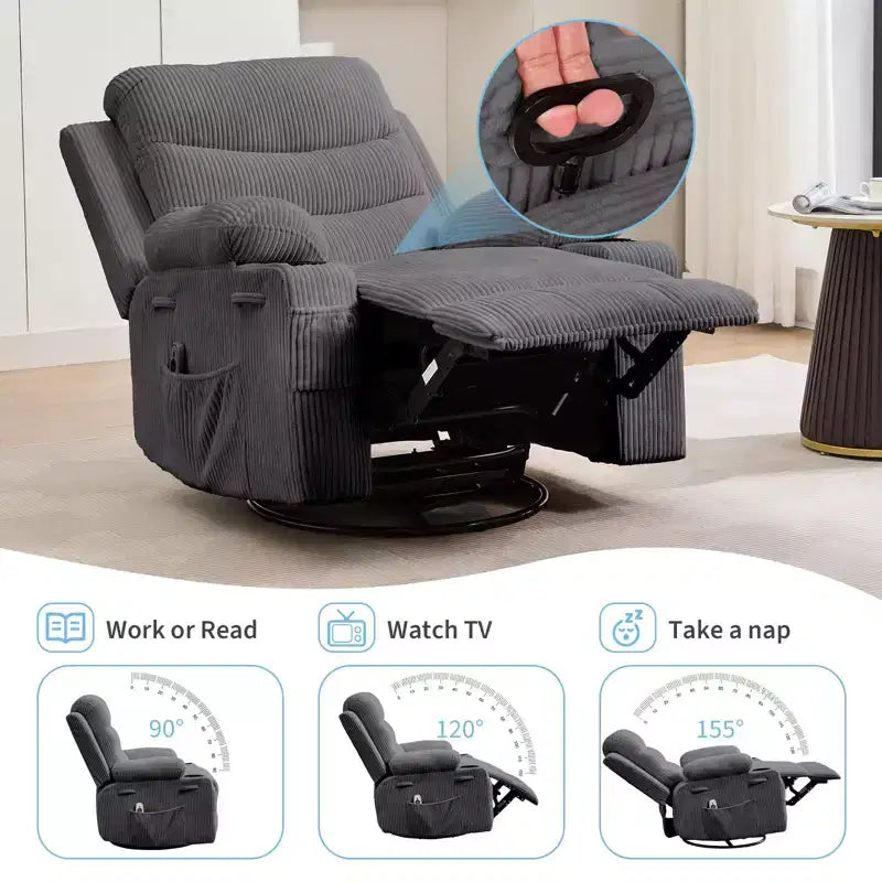 Siġġu recliner kbir li jdur 360 u jitbandal, bil-massaġġi u s-sħana - siġġu ergonomiku għar-rilassament b'holders għat-tazzi u bwiet tal-ġenb għall-kamra tal-għixien u l-mixtla