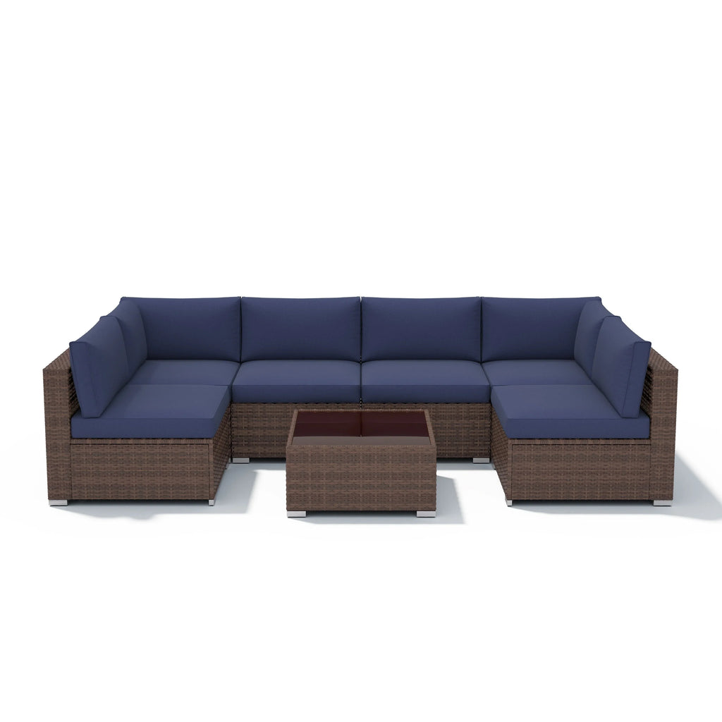7-teiliges Outdoor-Sitzgruppen-Set aus Korbgeflecht und Stahl mit Polsterung