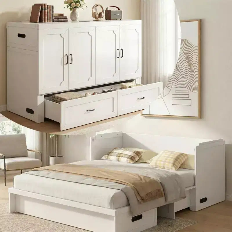 Letto armadio trasformabile Murphy Queen Size Mjkone con materasso, ricarica USB e cassetti contenitori