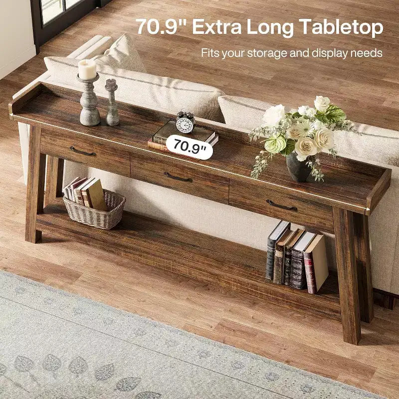 Κονσόλα καναπέ Lantine 2 επιπέδων με 3 συρτάρια, πλάτους 70.9, με υπερυψωμένο διαχωριστικό και ράφια αποθήκευσης για σαλόνι, διάδρομο, είσοδο