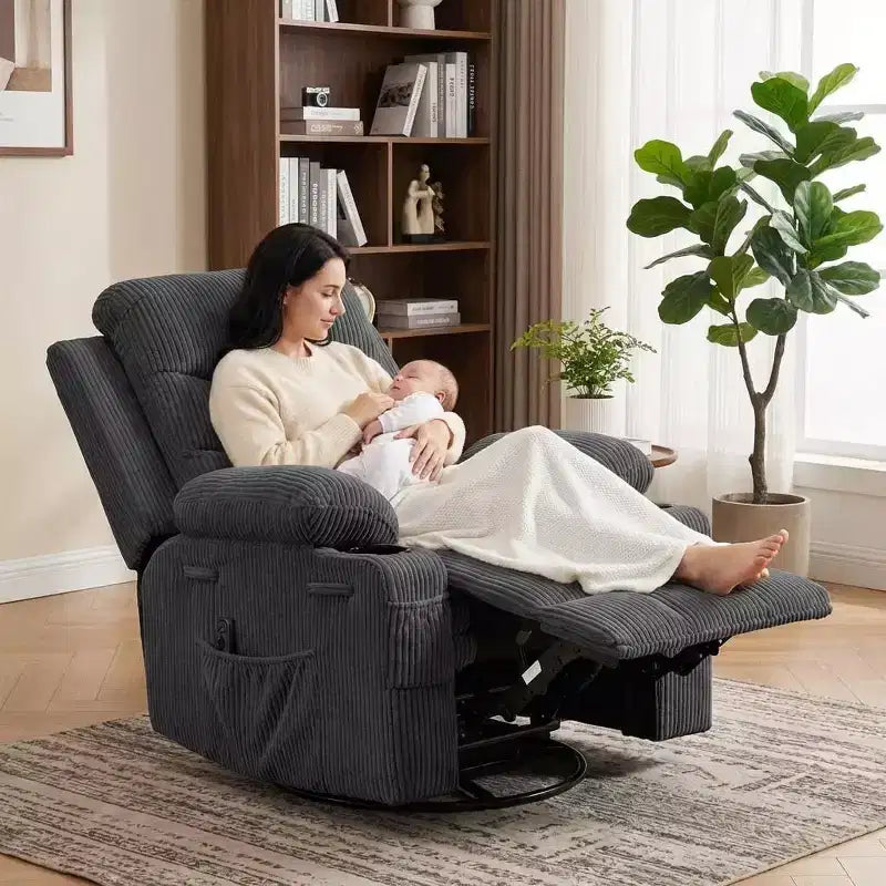 Siġġu recliner kbir li jdur 360 u jitbandal, bil-massaġġi u s-sħana - siġġu ergonomiku għar-rilassament b'holders għat-tazzi u bwiet tal-ġenb għall-kamra tal-għixien u l-mixtla