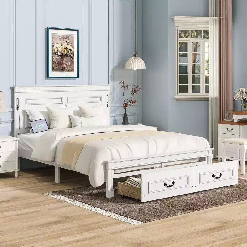 ModernLuxe Queen/King Size Platform Bed with Tall Headboard, Rustic Wood Bed Frame with 2 Drawers, LED Lights & USB Ports