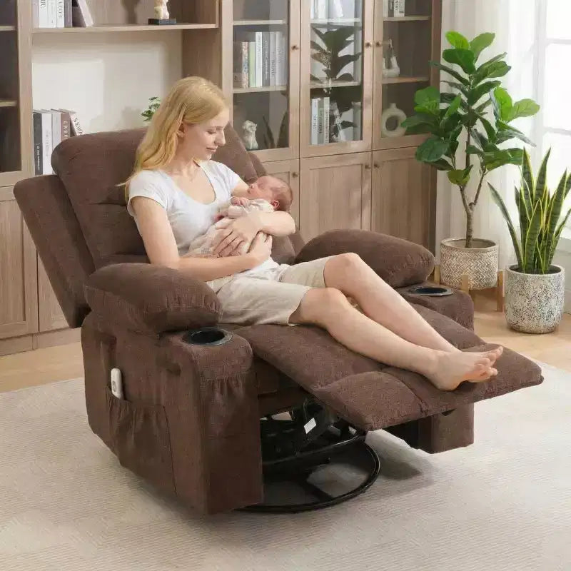 Siġġu recliner kbir li jdur 360 u jitbandal, bil-massaġġi u s-sħana - siġġu ergonomiku għar-rilassament b'holders għat-tazzi u bwiet tal-ġenb għall-kamra tal-għixien u l-mixtla