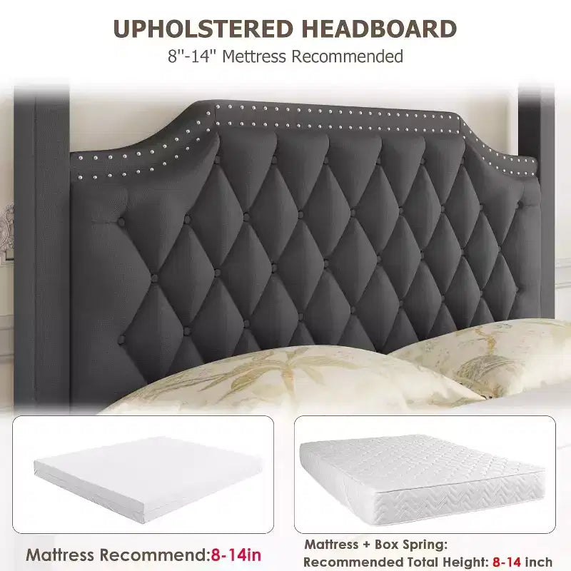 Struttura letto a baldacchino Queen Size con pali e supporti angolari a 4 punti, doghe in legno massello, senza necessità di rete a molle, silenziosa