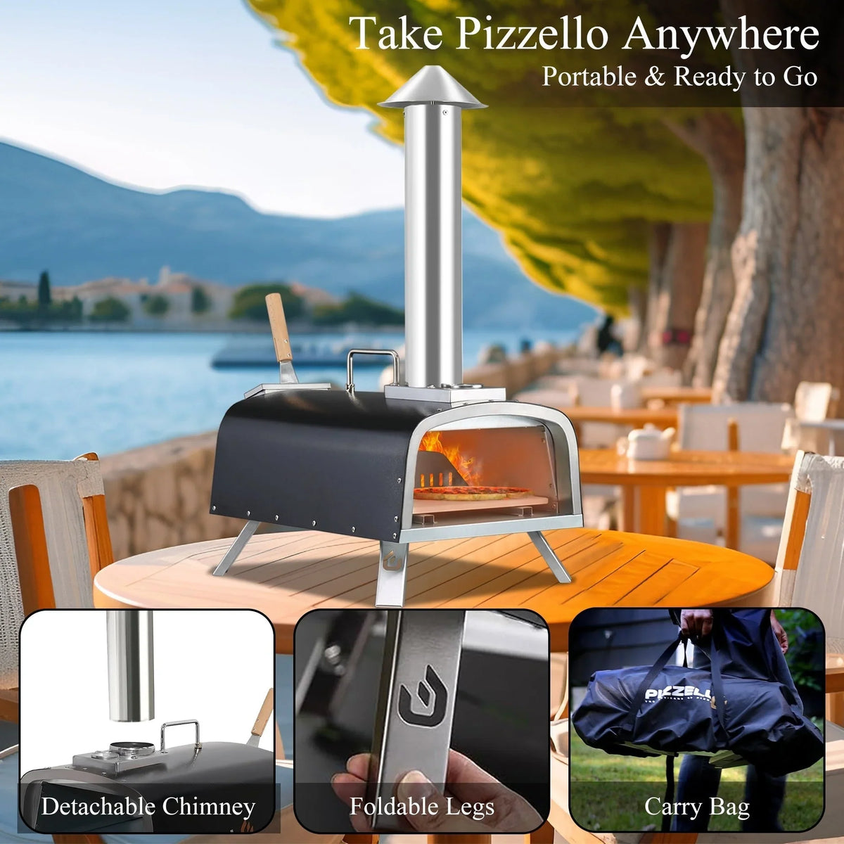Forn tal-pizza ta’ barra b’diversi fjuwils, apparat għall-pizza moħmija fuq il-ġebel b’berner tal-gass u kaxxa għall-injam - 12-il pulzier
