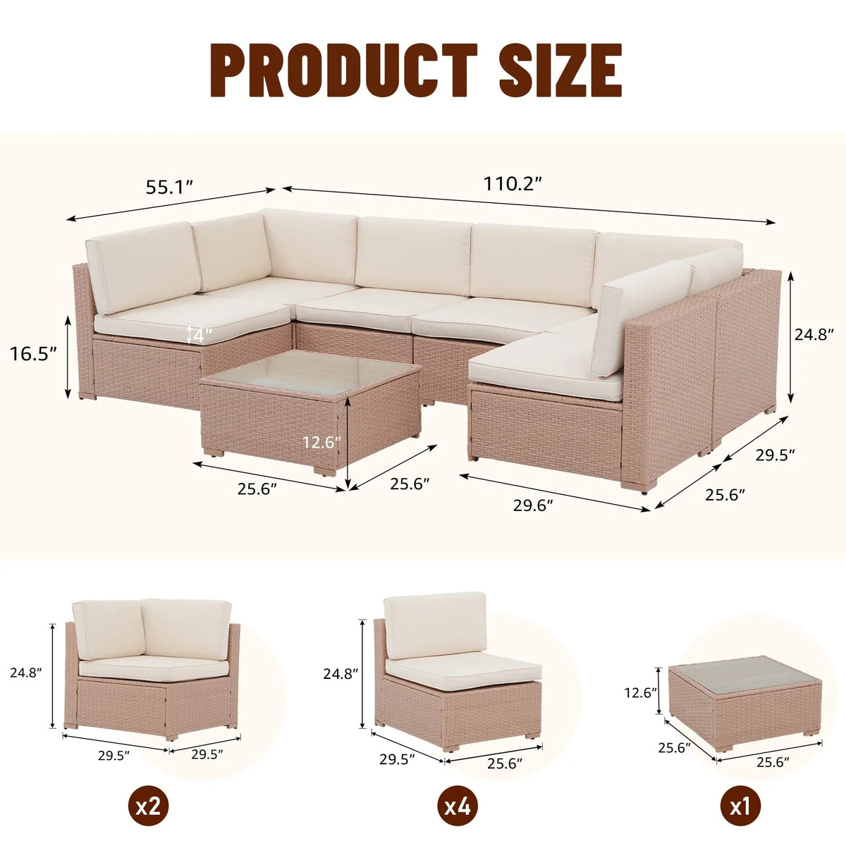7-teiliges Outdoor-Sitzgruppen-Set aus Korbgeflecht und Stahl mit Polsterung