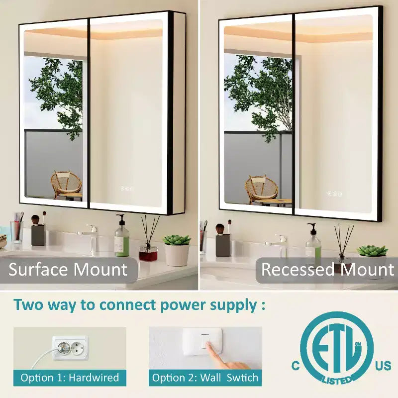 Ντουλάπι φαρμακείου μπάνιου με καθρέφτη LED, για επιτοίχια ή χωνευτή τοποθέτηση, ρυθμιζόμενο φωτισμό, λειτουργία κατά της υγρασίας και ρυθμιζόμενα ράφια