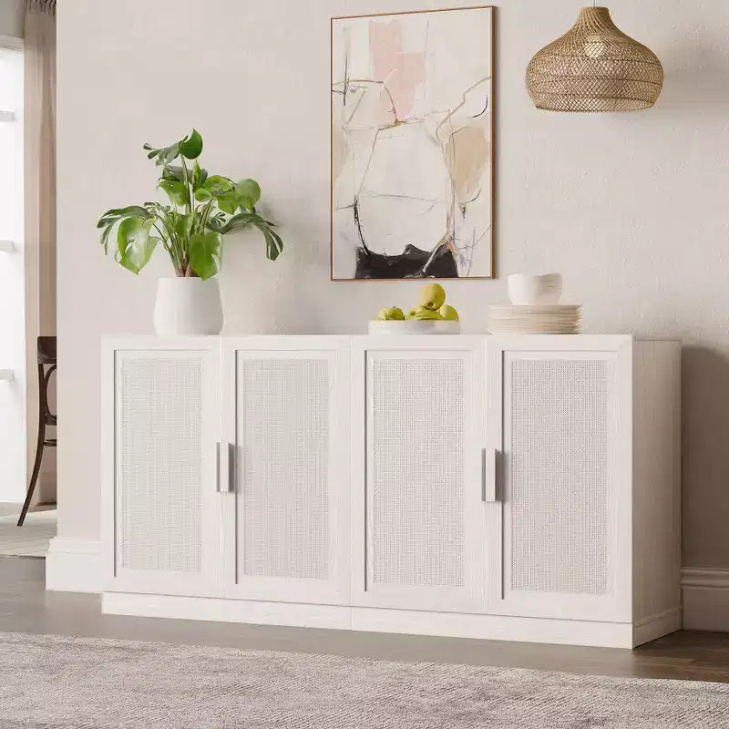 Sett ta’ 3 kabinetti sideboard buffet b’bibien tar-rattan, spazju għall-ħażna u xkafef aġġustabbli - 93Lx31H