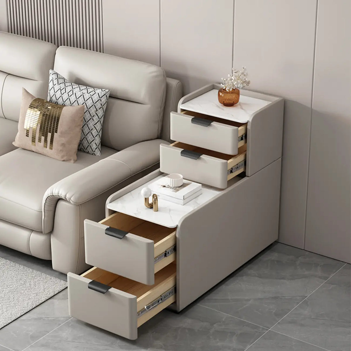 Tavolino laterale alto per divano, in legno a forma di L, con 4 cassetti e piano effetto pietra