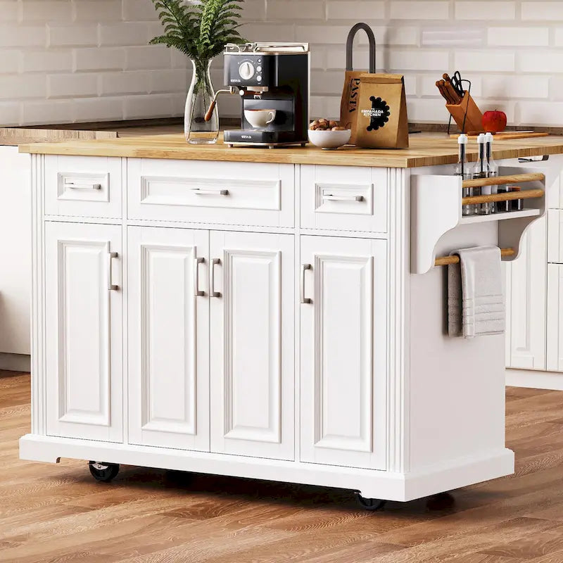 Grande isola da cucina con piano ribaltabile in legno, carrello da cucina con texture goffrata, ante e cassetti, spazio contenitore, bianca