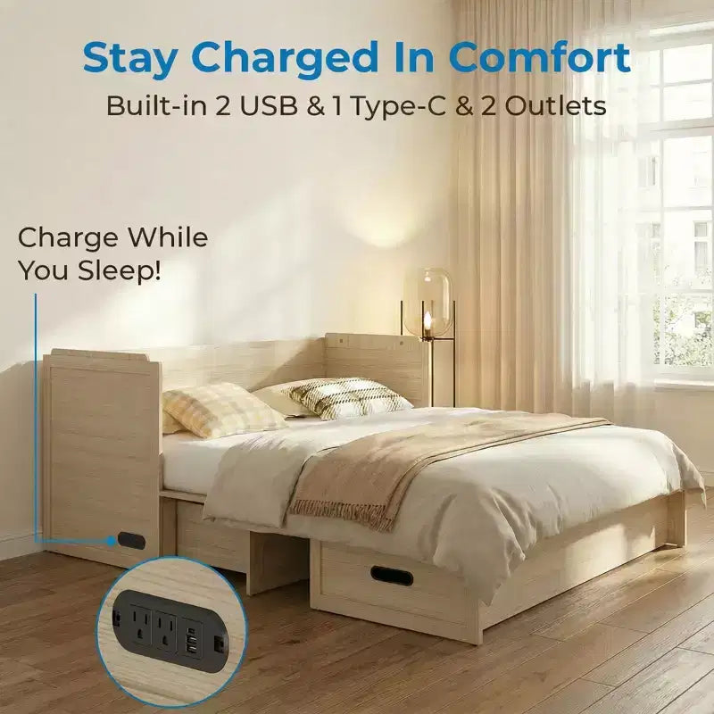 Letto armadio trasformabile Murphy Queen Size Mjkone con materasso, ricarica USB e cassetti contenitori