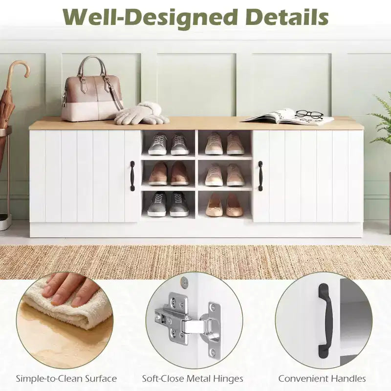 2-Door Shoe Bench wirh Adjustable Shelves Hidden Storage Space Natural + White/Whi5te