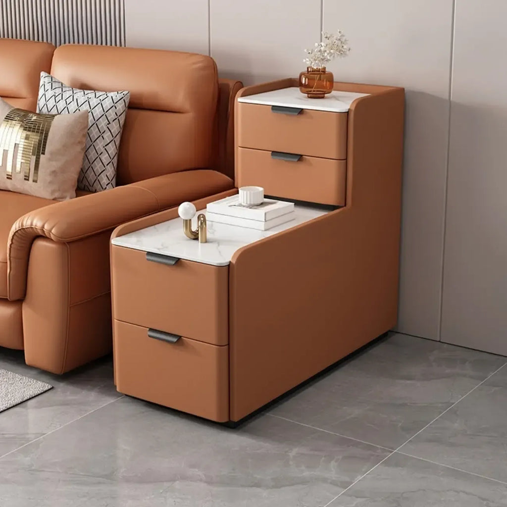 Tavolino laterale alto per divano, in legno a forma di L, con 4 cassetti e piano effetto pietra