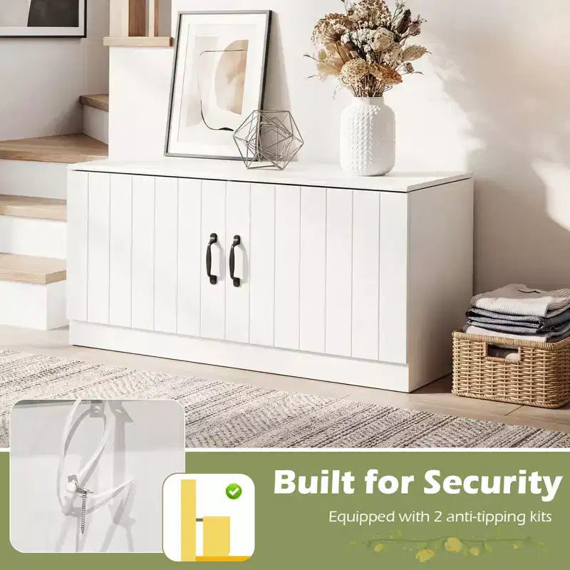 2-Door Shoe Bench wirh Adjustable Shelves Hidden Storage Space Natural + White/Whi5te