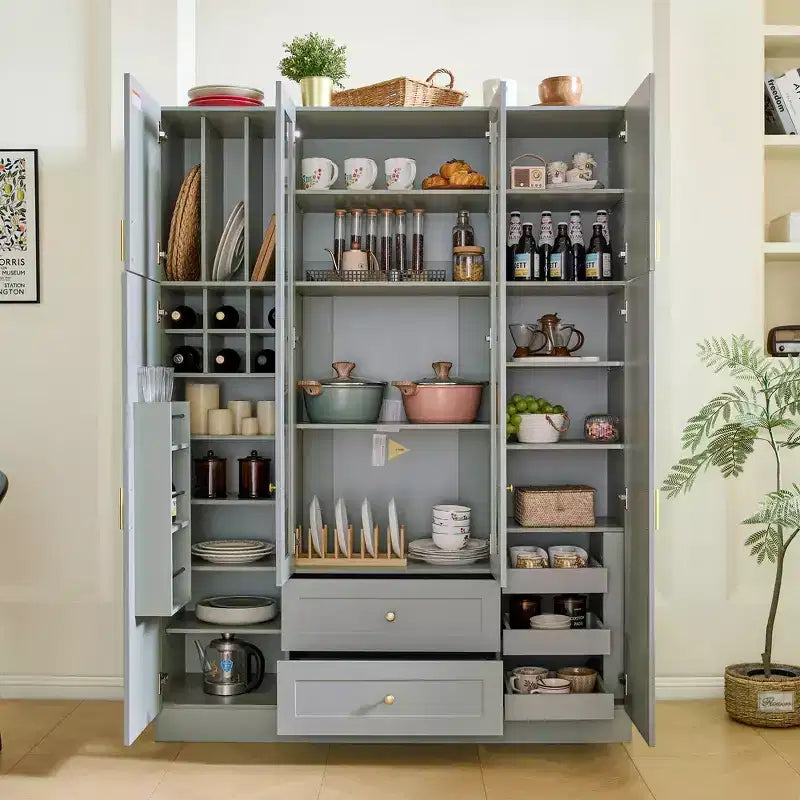 Dispensa da cucina indipendente Whisen alta 71', grande mobile contenitore per sala da pranzo con credenza e buffet a 6 ante, ripiani regolabili