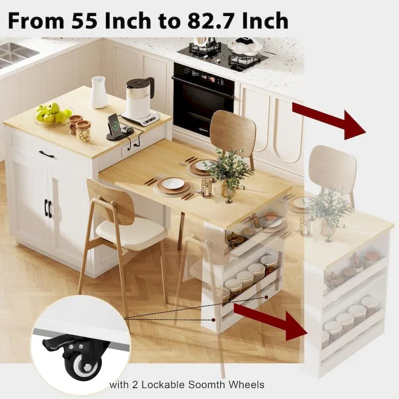 Isola da cucina in legno da 82,7 pollici per 4-6 persone, con tavolo da pranzo allungabile e spazio contenitore doppio